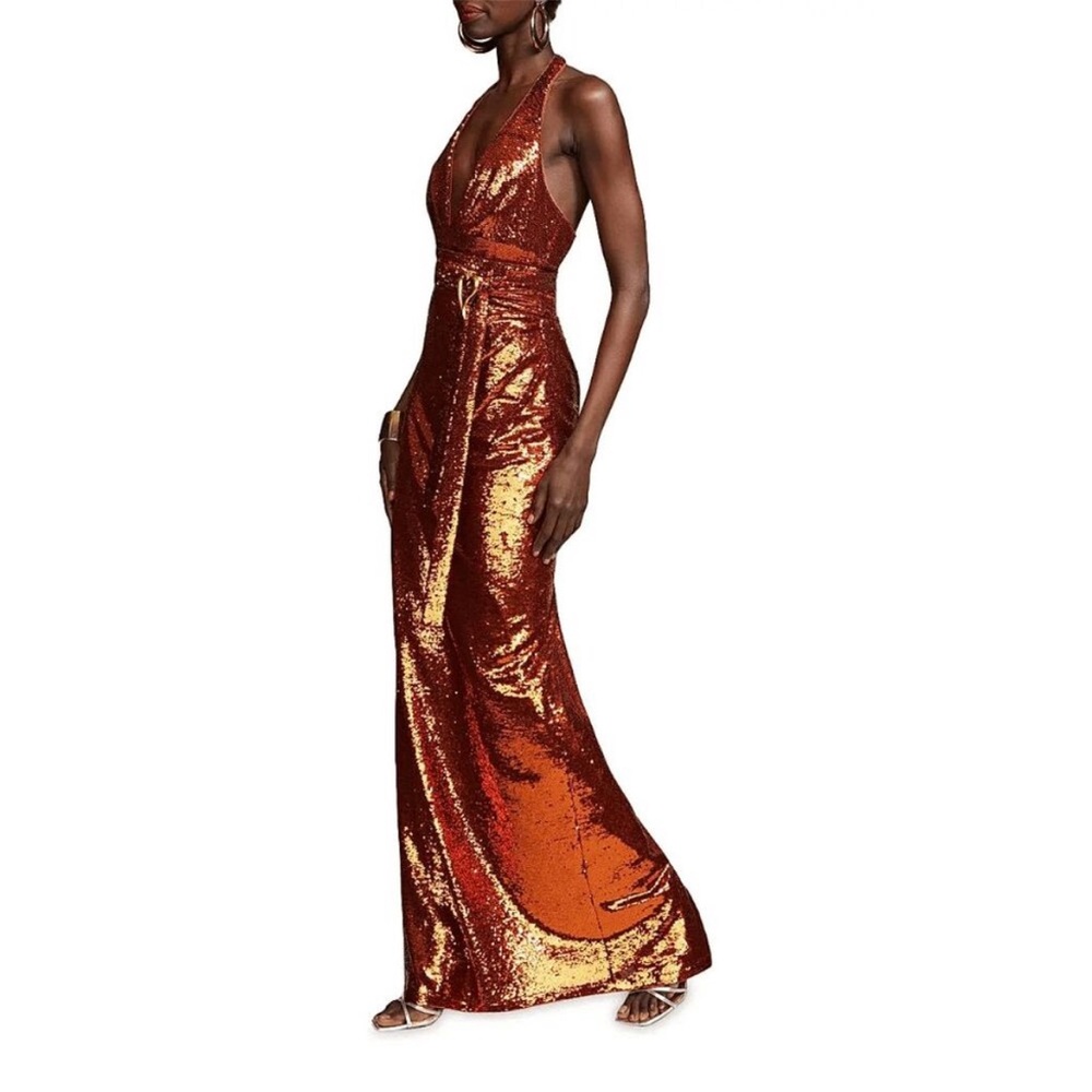NWT Halston Copper Sequin Halter V Gown Dress Heart Buckle Sleeveless Size 14 - Picture 5 of 13
